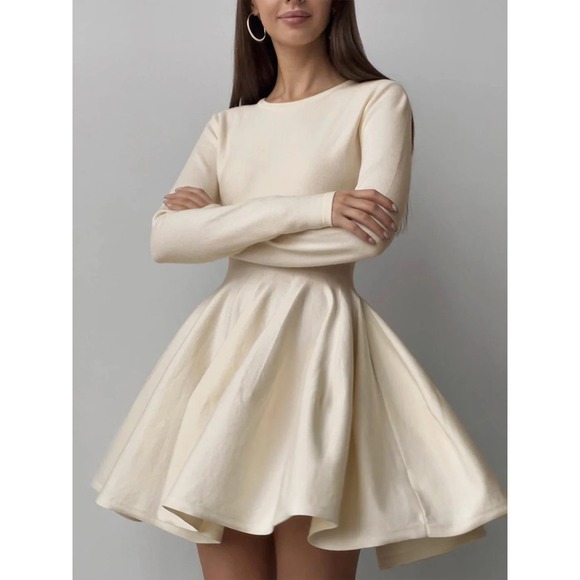 Commense Beige Sweater Dress Thick Pleated Long Sleeve Fit and Flare Mini M - Picture 1 of 7